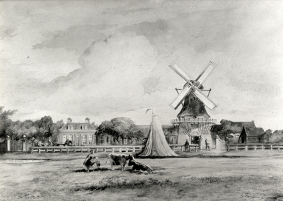 35517 Gezicht over de Leidsche Rijn te Utrecht op de oliemolen De Vrede aan de Leidseweg, uit het noorden.